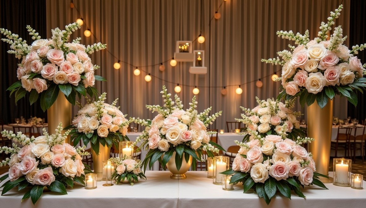 Creative event decoration with elegant floral arrangements and artistic lighting