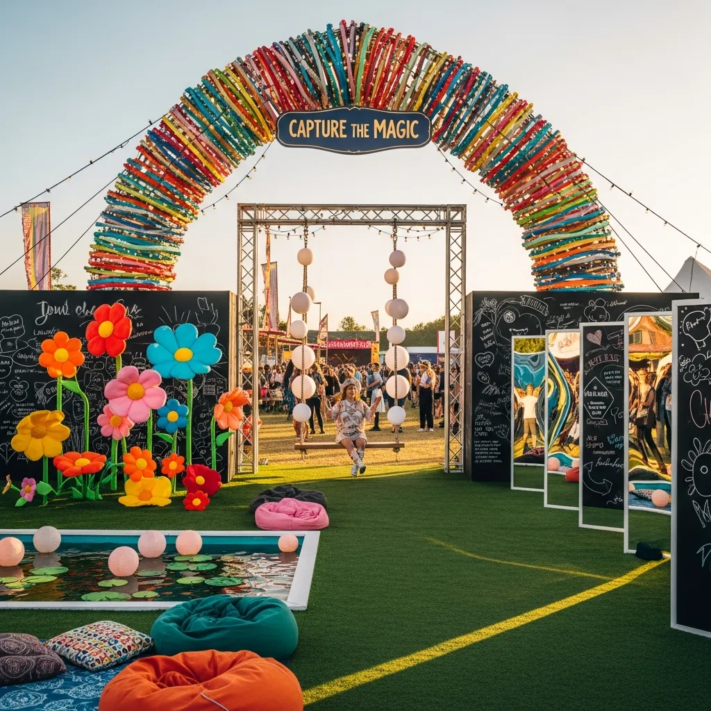 Festival photo zone with artistic installations and interactive elements