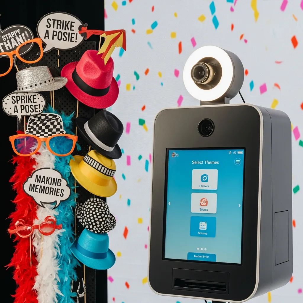 Interactive photo booth with themed props and digital sharing capabilities