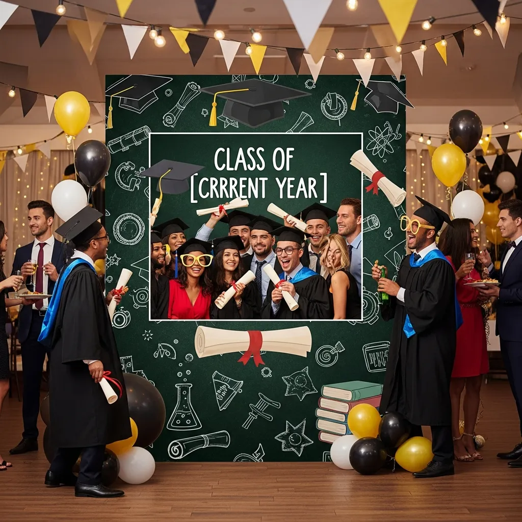 Graduation party with academic-themed photo zone