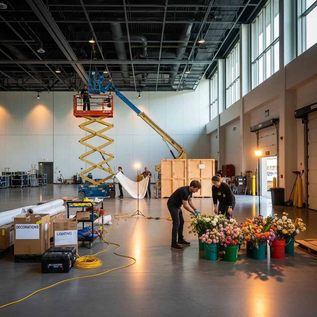 Event space being prepared for decoration installation