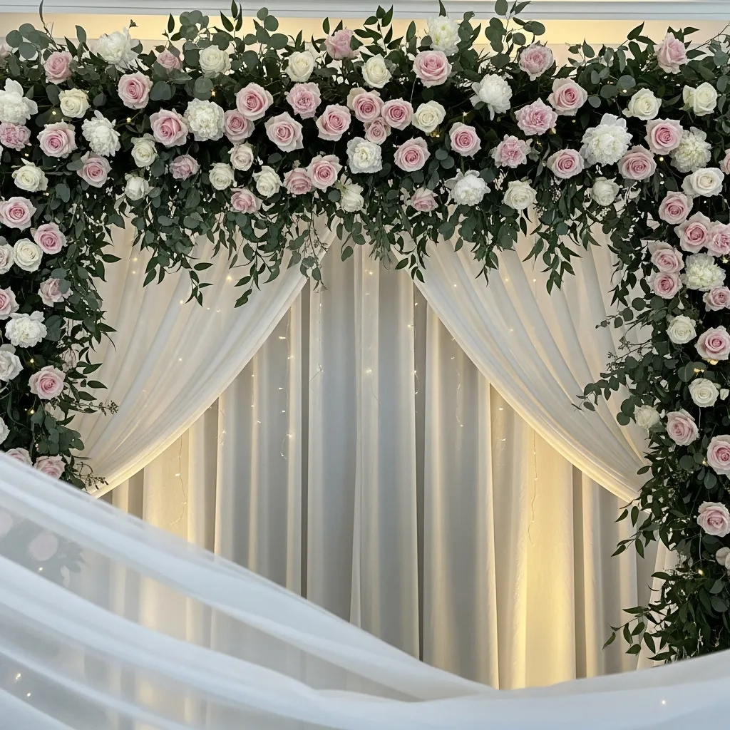 Elegant floral wedding backdrop with soft lighting