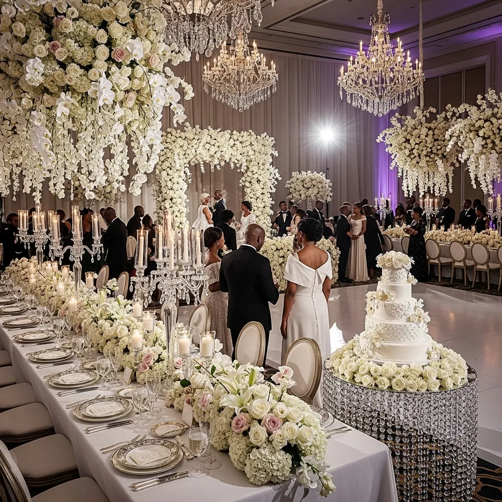 Luxury wedding with opulent floral arrangements and crystal elements
